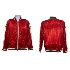 Armani Exchange Satin Jacket Men Size L Red Bomber Full Zip Embroidered Back